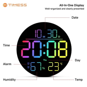 TIMESS Wall Clocks 10 in Digital Modern Wall Clock, RGB, Remote, Auto Dimming, Date, Day, Temperature, Humidity