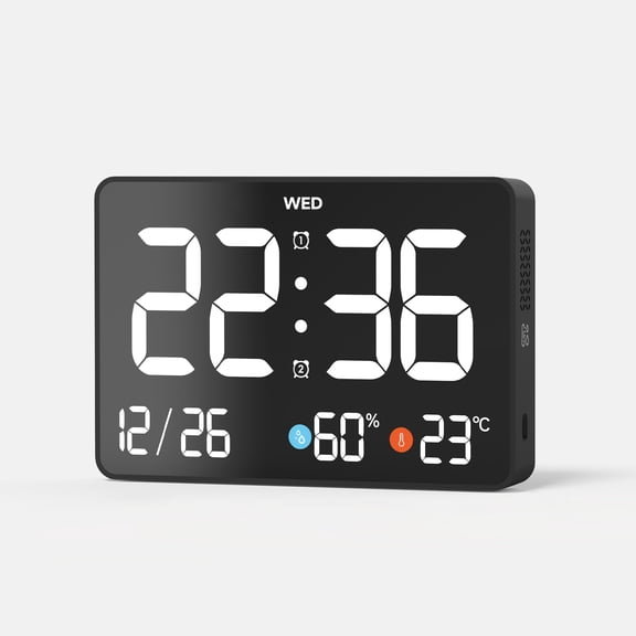 TIMESS 11 Inch Large Display LED Digital Alarm Clock with Date, Day, Temperature, Humidity, Dual Alarm, Plug-in, Wall Mountable or Tabletop Black