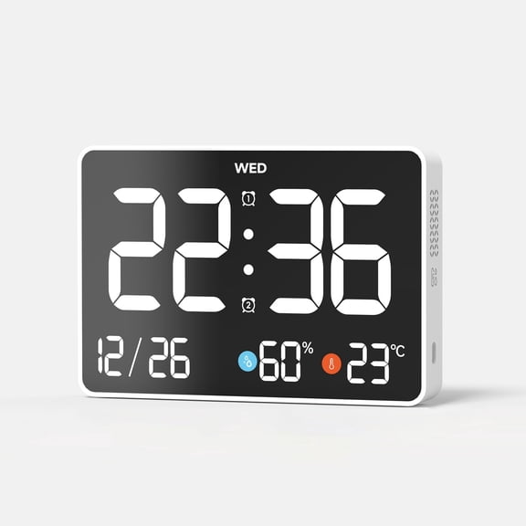 TIMESS 11 Inch Large Display LED Digital Alarm Clock with Date, Day, Temperature, Humidity, Dual Alarm, Plug-in, Wall Mountable or Tabletop White