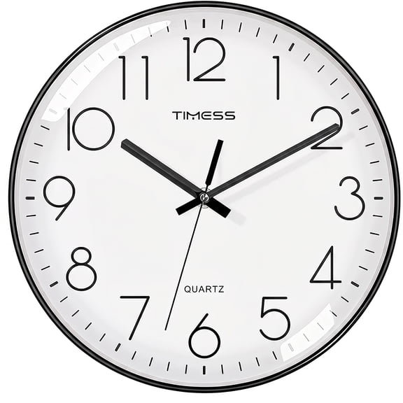 TIMESS 12 Inch Silent Wall Clock, Battery Operated Analog Clock with 3D Numbers (Black)