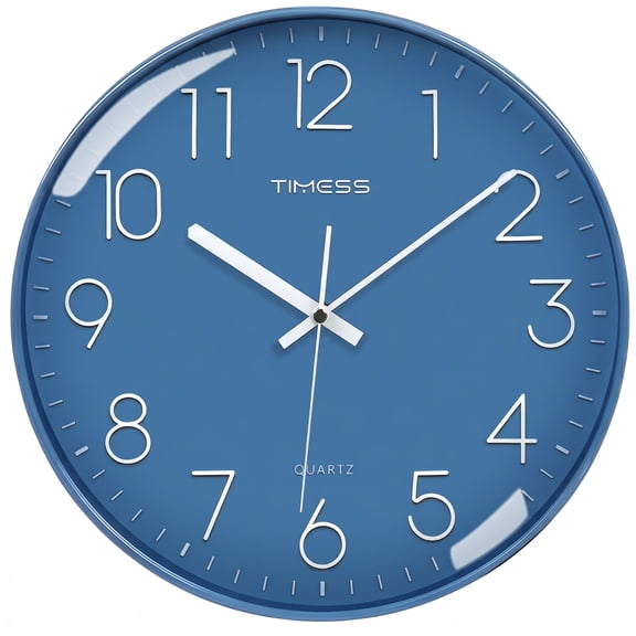 TIMESS 12 Inch Silent Wall Clock, Battery Operated Analog Clock with 3D Numbers (Blue)