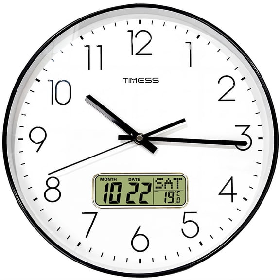 TIMESS 12 Inch Silent Wall Clock with Date Display, Large Easy-Read Numbers, Battery Operated, Modern Home Clock (Black)