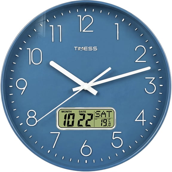 TIMESS 12 Inch Silent Wall Clock with Date Display, Large Easy-Read Numbers, Battery Operated, Modern Home Clock (Blue)
