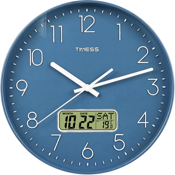 TIMESS 12 Inch Silent Wall Clock with Date Display, Large Easy-Read Numbers, Battery Operated, Modern Home Clock (Blue)