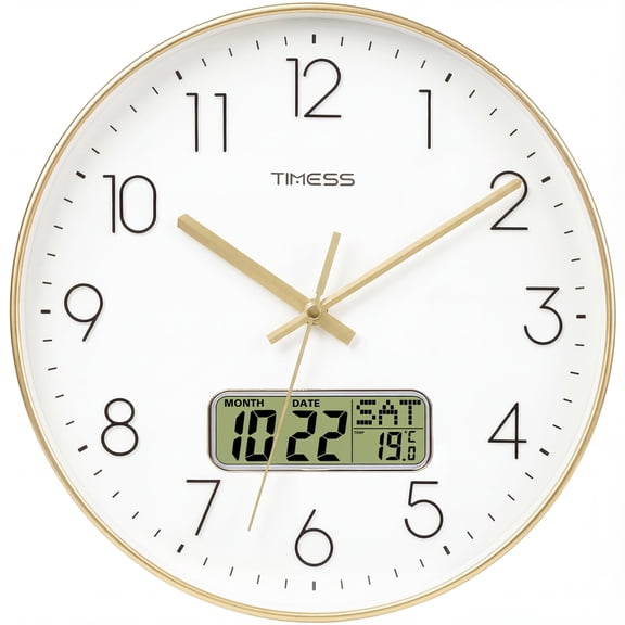 TIMESS 12 Inch Silent Wall Clock with Date Display, Large Easy-Read Numbers, Battery Operated, Modern Home Clock (Gold)