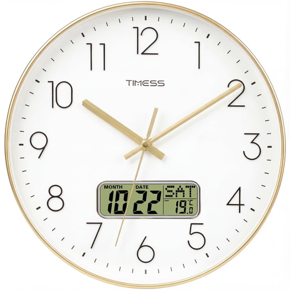 TIMESS 12 Inch Silent Wall Clock with Date Display, Large Easy-Read Numbers, Battery Operated, Modern Home Clock (Gold)