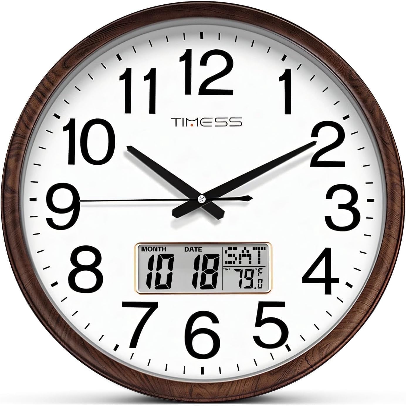 TIMESS 13" Digital Wall Clock with Brown Wood Grain Frame, Calendar and Temp Display, Silent Quartz