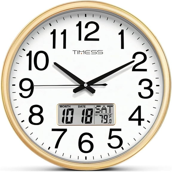 TIMESS 13" Digital Wall Clock with Gold Frame, Calendar & Temperature Display, Silent Movement