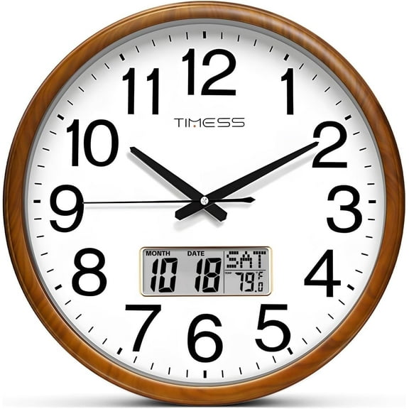 TIMESS 13" Digital Wall Clock with Light Wood Frame, Built-in Calendar & Thermometer, Quiet Quartz