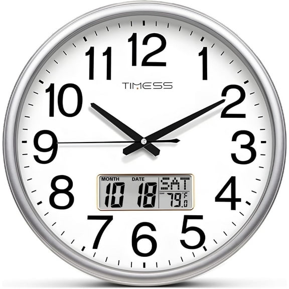 TIMESS 13" Digital Wall Clock with Silver Frame, Date, Weekday & Temperature Display, Quiet Movement