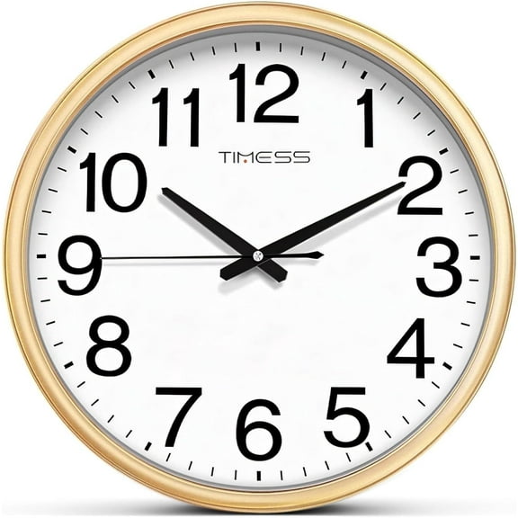 TIMESS 13" Silent Wall Clock with Gold Frame, Large Numbers, Battery Operated, Non-Ticking