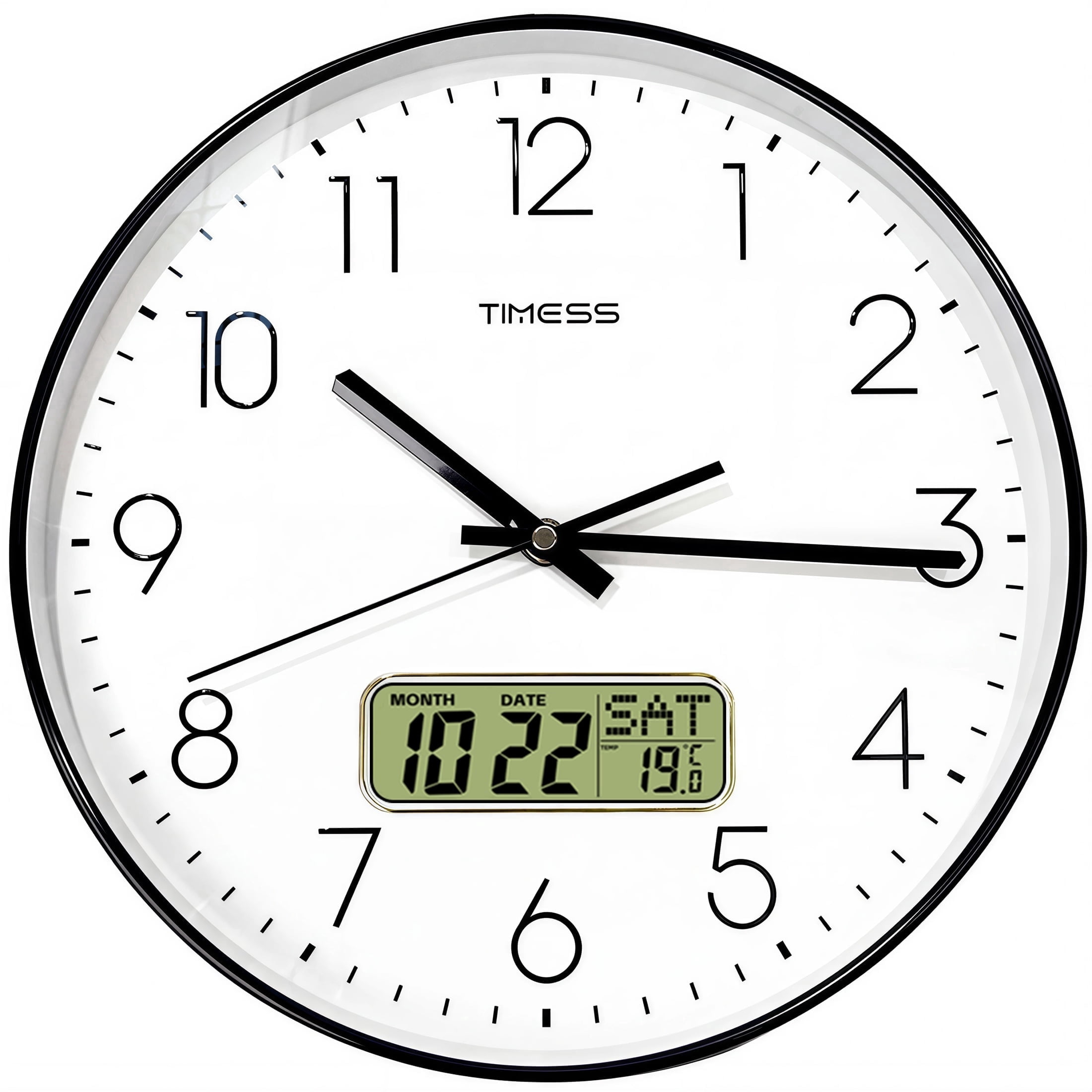 TIMESS 14 Inch Silent Wall Clock with Date Display, Large Easy-Read Numbers, Battery Operated, Modern Home Clock (Black)