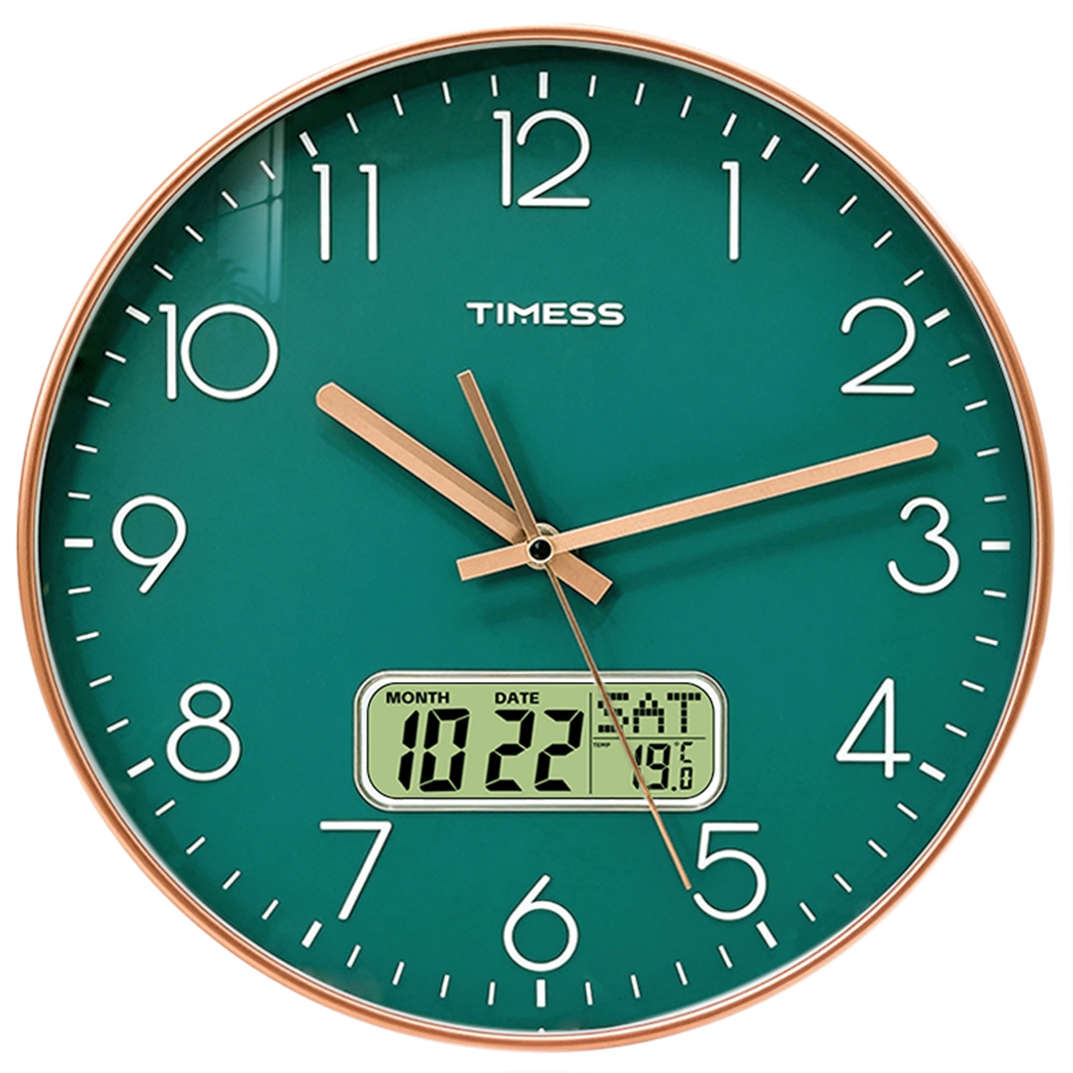 TIMESS 14 Inch Silent Wall Clock with Date Display, Large Easy-Read Numbers, Battery Operated, Modern Home Clock (Green)