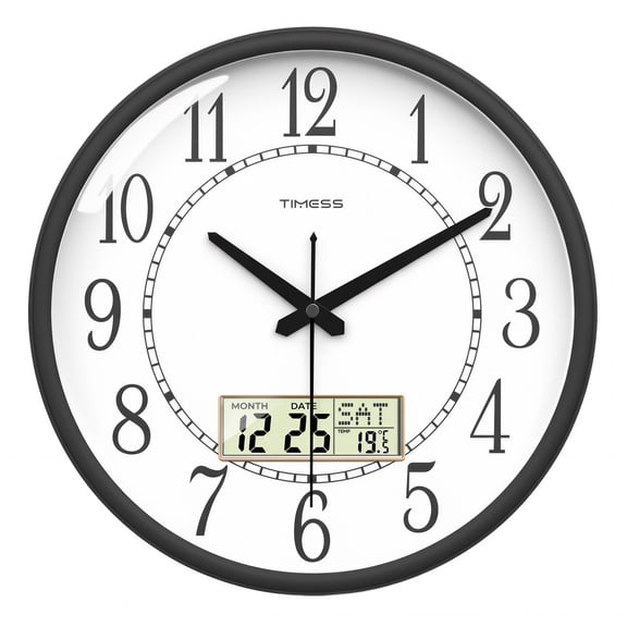 TIMESS Black Wall Clock, Battery Operated Analog Clock with Calendar Temperature Display