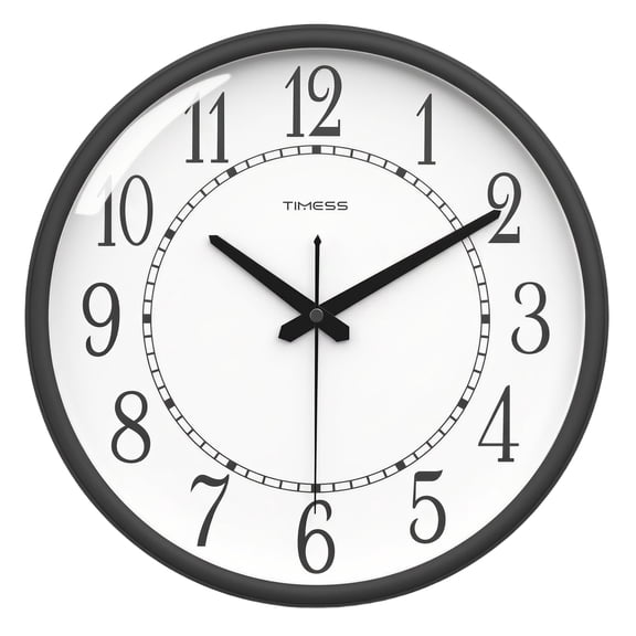TIMESS Black Wall Clock, Battery Operated Analog Wall Clock with Large Numbers
