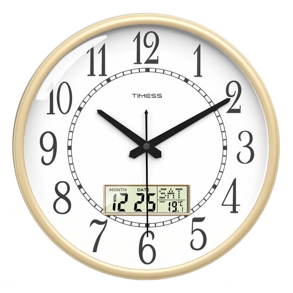 TIMESS Gold Wall Clock, Battery Operated Analog Clock with Date and Temperature