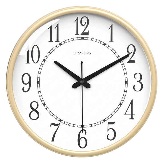 TIMESS Gold Wall Clock, Decorative Battery Operated Analog Clock with Large Numbers