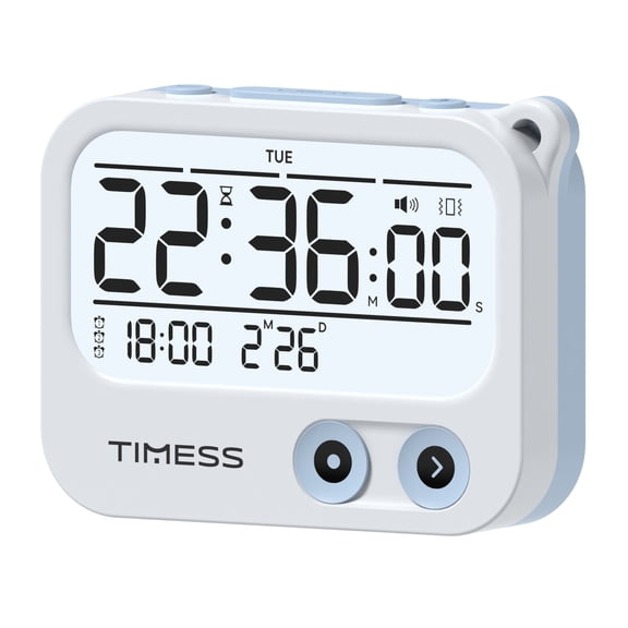 TIMESS Portable Vibrating Alarm Clock and Timer, Battery Powered Digital Clock with Backlight, 3 Alarm Modes, Blue