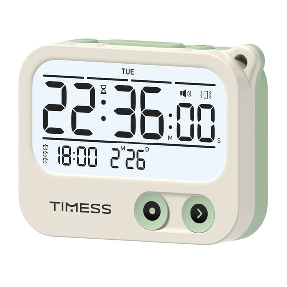TIMESS Portable Vibrating Alarm Clock and Timer, Battery Powered Digital Clock with Backlight, 3 Alarm Modes, Green