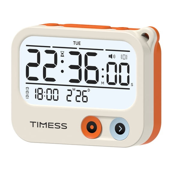 TIMESS Portable Vibrating Alarm Clock and Timer, Battery Powered Digital Clock with Backlight, 3 Alarm Modes, Orange