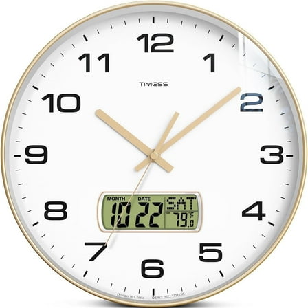 TIMESS 10" Analog Wall Clock with Date Display, Battery Operated Modern Clock for Living Room (Gold)