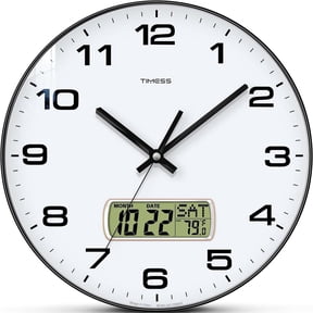 TIMESS 12" Silent Wall Clock with Date Display, Battery Operated Non-Ticking Analog Clock for Living Room, Kitchen, Black