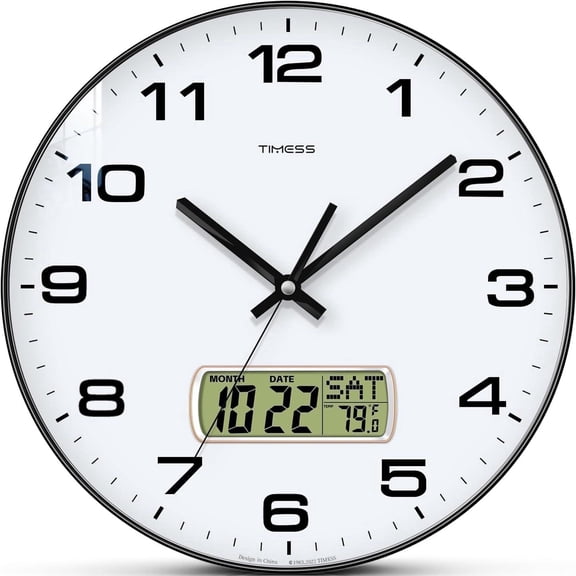 TIMESS 12" Silent Wall Clock with Date Display, Battery Operated Non-Ticking Analog Clock for Living Room, Kitchen, Black