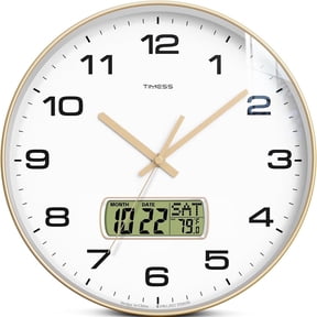 TIMESS 12" Analog Wall Clock with Date Display, Battery Operated Modern Clock for Living Room (Gold)