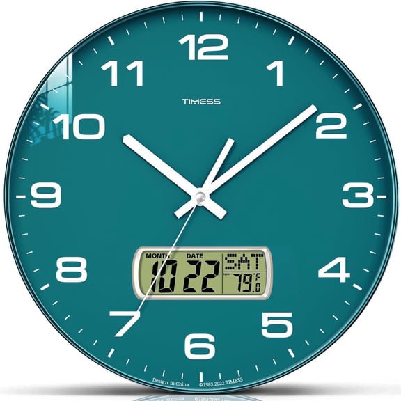 TIMESS 12" Analog Wall Clock with Date Display, Battery Operated Modern Clock for Living Room (Green)