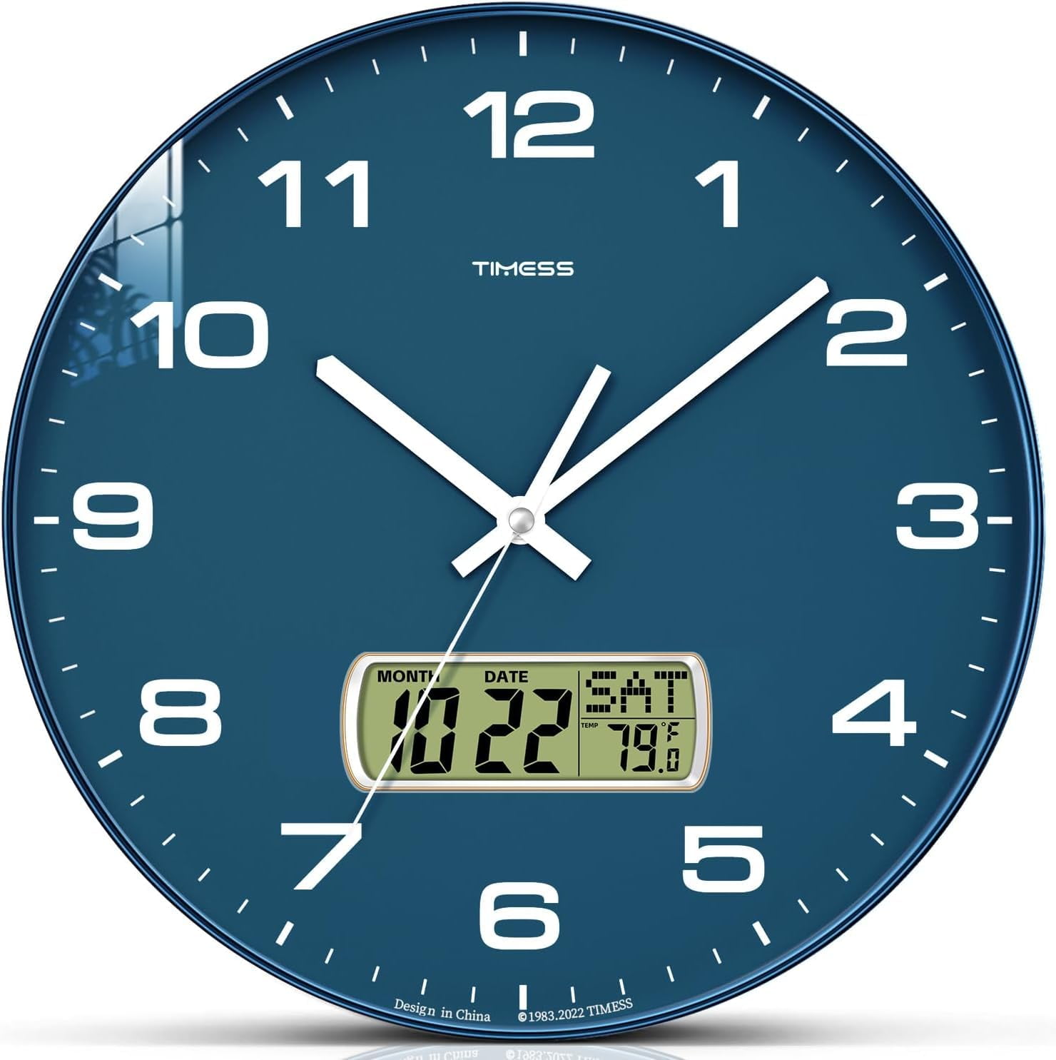 TIMESS Wall Clock, 12" Dial Non-Ticking Silent Battery Operated Analog With LCD Display For Perpetual Calendar And F° Temperature, Ideal Modern Home, Bedroom, Kitchen, Office Decor (Blue