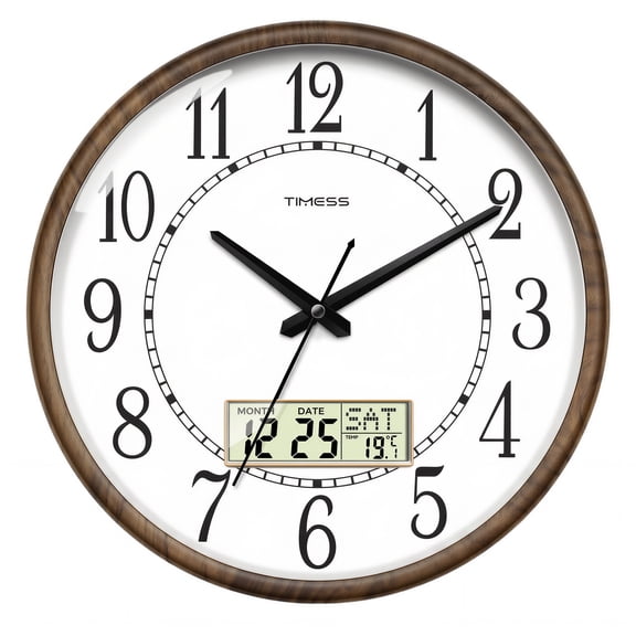 TIMESS Wood Grain Wall Clock, Analog Battery Clock with Calendar Temperature Display