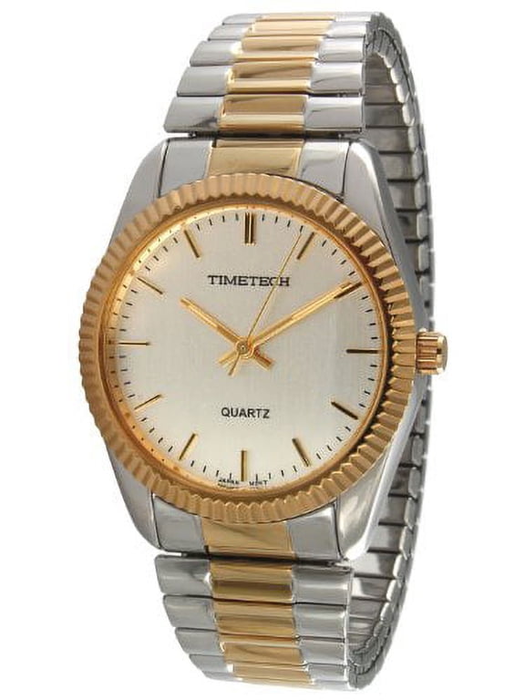 Men's Watch Two Tone Expansion Stretch Bracelet with Ribbed Coin Edge Bezel