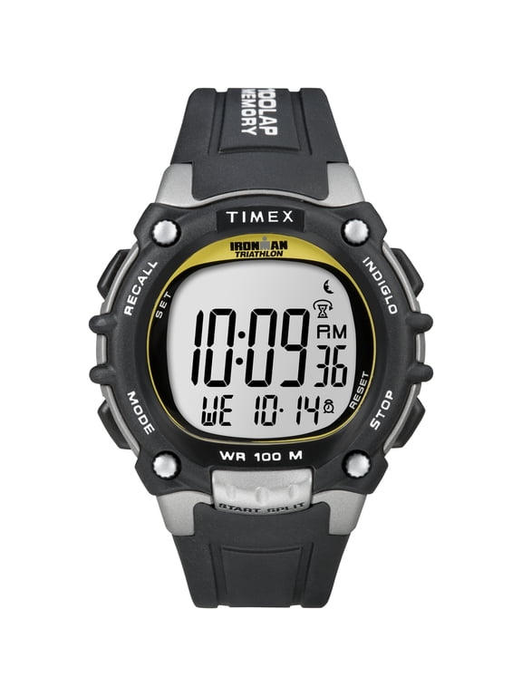 Men's IRONMAN Classic 100 44mm Watch Black & Silver-Tone Case Yellow Accents with Black Resin Strap