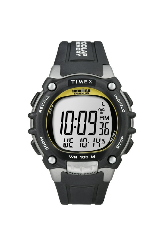 Men's IRONMAN Classic 100 44mm Watch Black & Silver-Tone Case Yellow Accents with Black Resin Strap