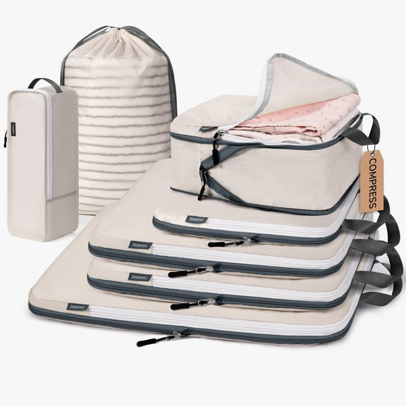 TIMEYARD 7 Set Compression Packing Cubes for Travel, Women Travel Bags Luggage Organizers,Travel Accessories Expandable Packing Organizers for Carry On, Beige