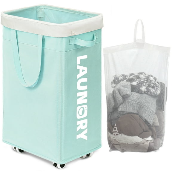 TIMEYARD 75L Rolling Laundry Hamper with Wheels and Removable Mesh Bag, Tall Corner Laundry Basket With Wheels, Blue