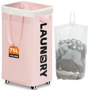 Timeyard 75L Rolling Laundry Hamper with Wheels and Removable Wash Bag, Tall Collapsible Large Laundry Basket for Adults and students Pink