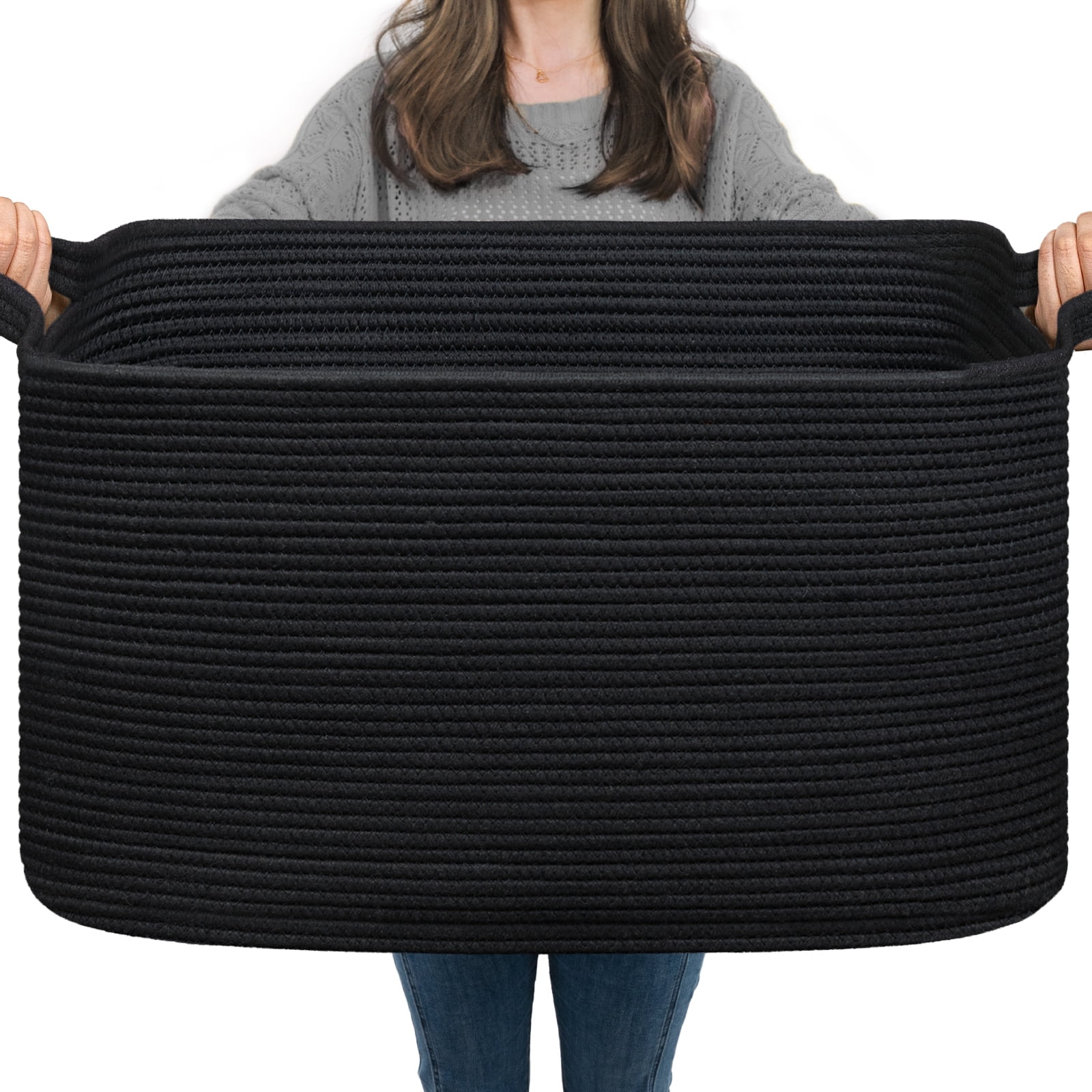 TIMEYARD Large Blanket Basket, 21.6" x 14.9" x 11.8" Rectangle Woven Baskets for Storage-Black