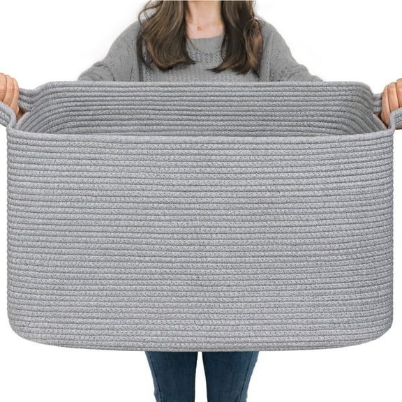 TIMEYARD Large Blanket Basket, 21.6" x 14.9" x 11.8" Rectangle Woven Baskets for Storage-Gray