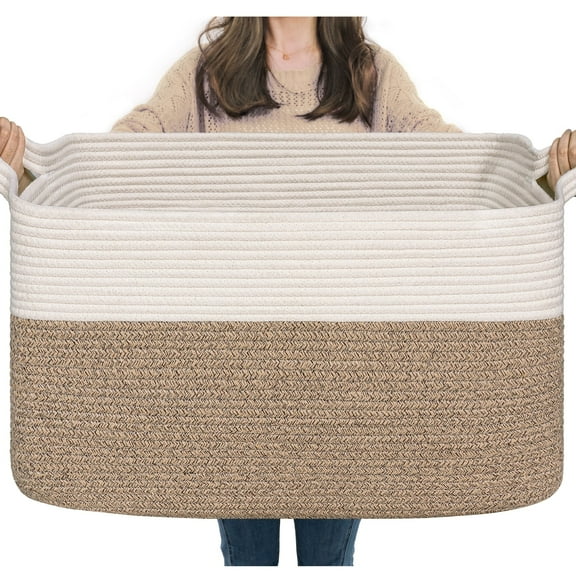 TIMEYARD Large Blanket Basket, 21.6" x 14.9" x 11.8" Rectangle Woven Baskets for Storage-White & Light Brown