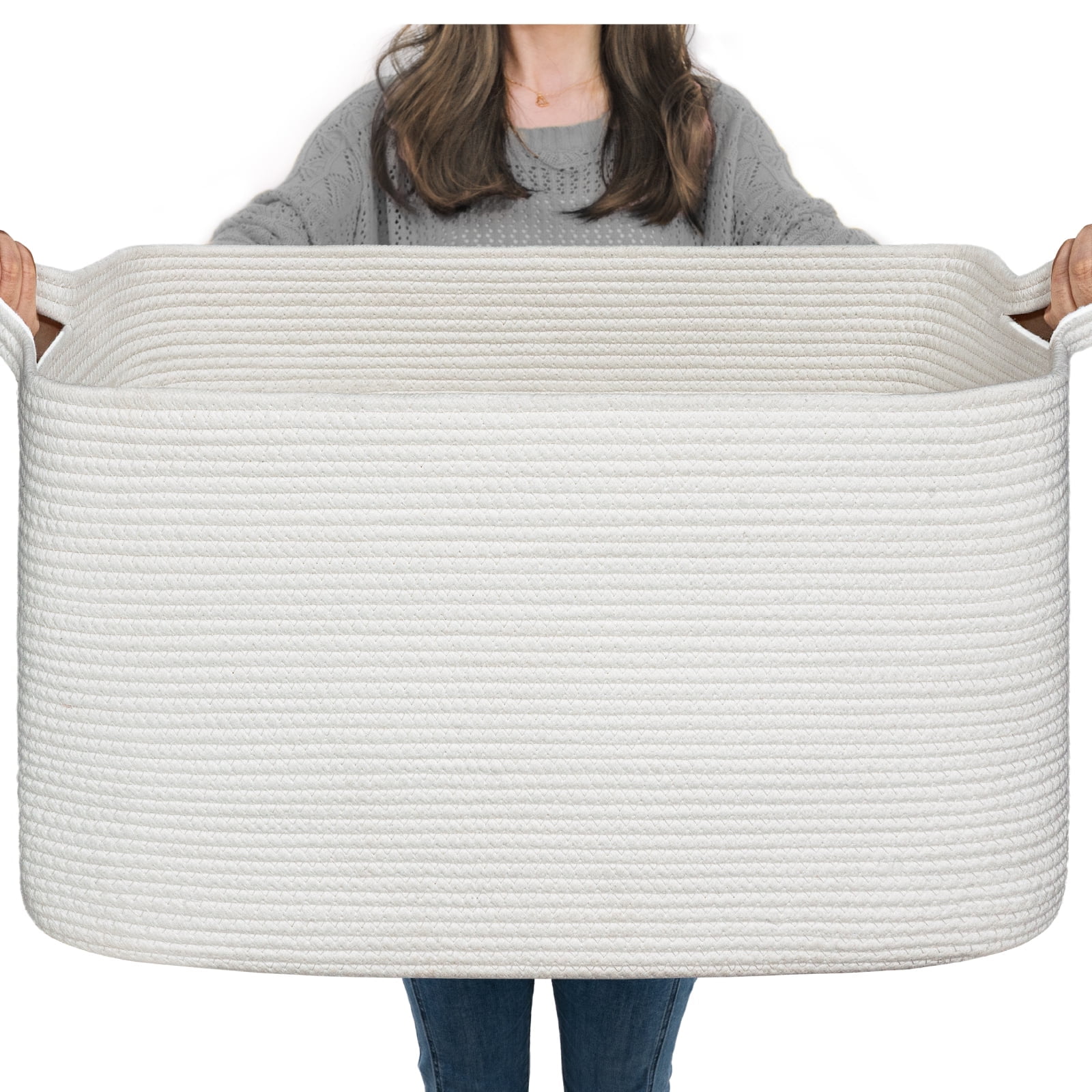 TIMEYARD Large Blanket Basket, 21.6" x 14.9" x 11.8" Rectangle Woven Baskets for Storage-White