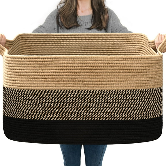 TIMEYARD Large Blanket Basket, 21.6" x 14.9" x 11.8" Rectangle Woven Baskets for Storage-Yellow Black