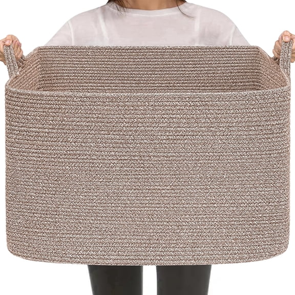 Timeyard Blanket Basket 106L Extra Large Cotton Rope Basket for for Storage, Rectangle woven Basket for Bedroom Living room, 24.9" x 15.9" x 15.9",Brown