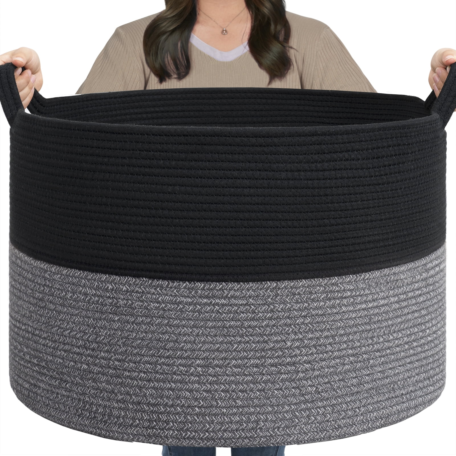 Timeyard Large Woven Laundry Hamper Basket - Decorative Storage Organizer for Living Room, Holds Toys Pillows Blankets Clothes - 21.7" x 21.7" x 13.8"-Black & Grey