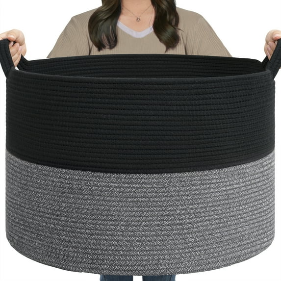 Timeyard Large Woven Laundry Hamper Basket - Decorative Storage Organizer for Living Room, Holds Toys Pillows Blankets Clothes - 21.7" x 21.7" x 13.8"-Black & Grey