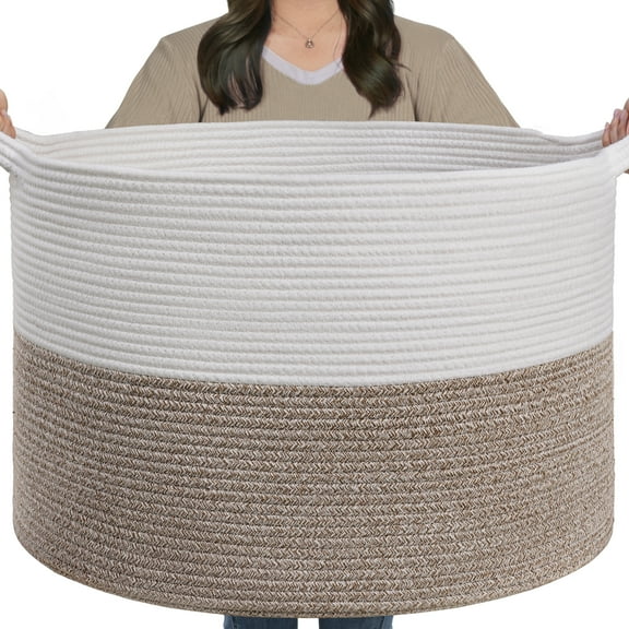 Timeyard Large Woven Laundry Hamper Basket - Decorative Storage Organizer for Living Room, Holds Toys Pillows Blankets Clothes - 21.7" x 21.7" x 13.8"-Brown