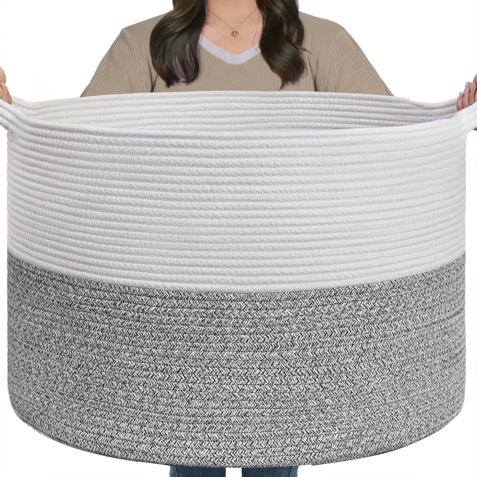 Timeyard Large Woven Laundry Hamper Basket - Decorative Storage Organizer for Living Room, Holds Toys Pillows Blankets Clothes - 21.7" x 21.7" x 13.8"-Light Grey