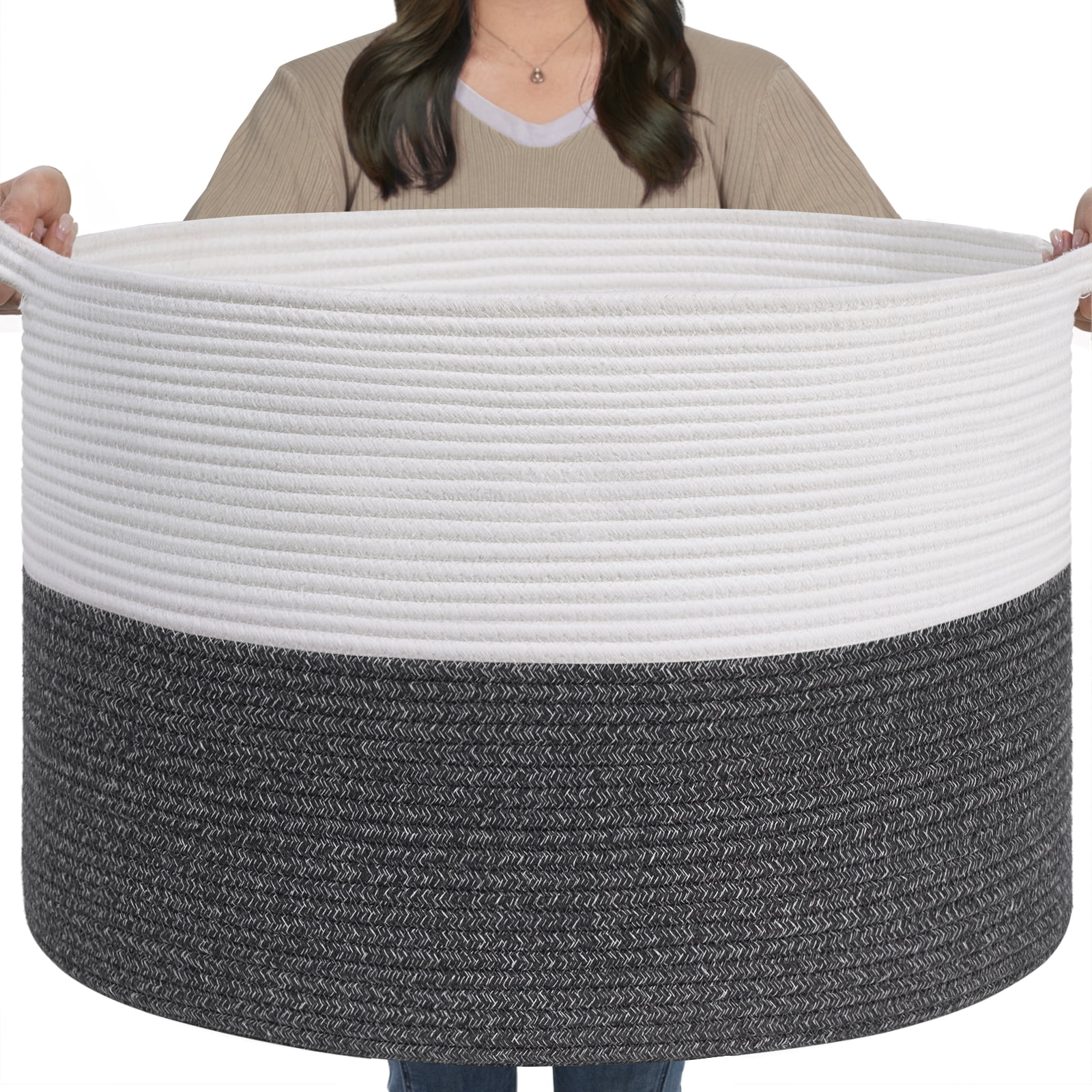 Timeyard Large Woven Laundry Hamper Basket - Decorative Storage Organizer for Living Room, Holds Toys Pillows Blankets Clothes - 21.7" x 21.7" x 13.8"-gray