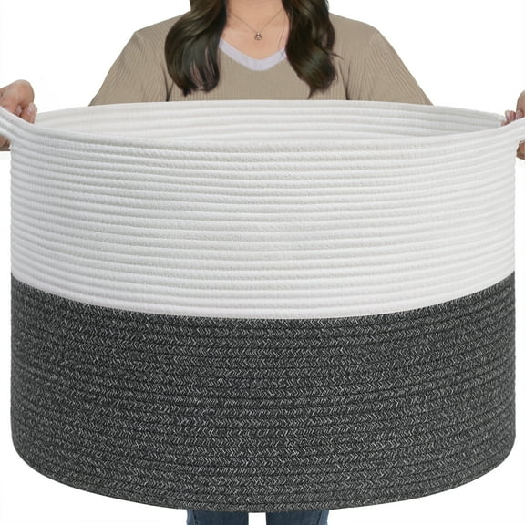 Timeyard Large Woven Laundry Hamper Basket - Decorative Storage Organizer for Living Room, Holds Toys Pillows Blankets Clothes - 21.7" x 21.7" x 13.8"-gray