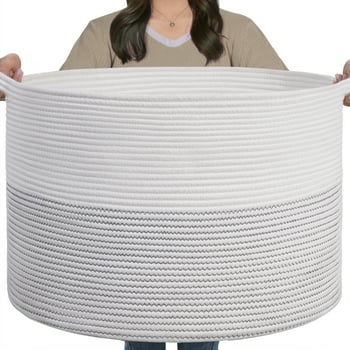 Timeyard Large Woven Laundry Hamper Basket - Decorative Storage Organizer for Living Room, Holds Toys Pillows Blankets Clothes - 21.7" x 21.7" x 13.8"-white